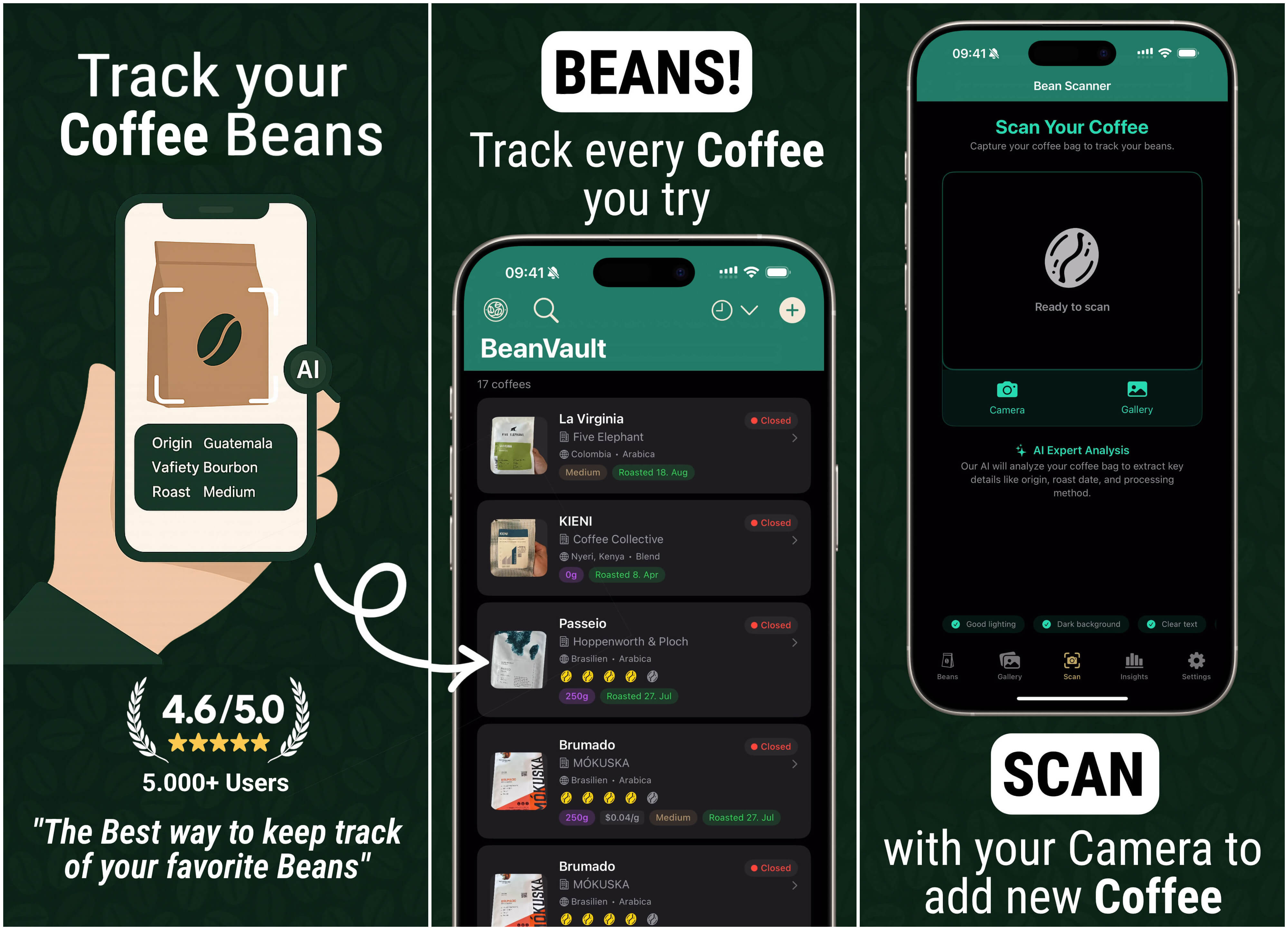 BeanVault preview - Coffee bean tracker